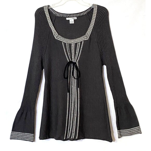 RBX Tie Front Sweater Womens Size L Dark Gray White Fluted Ribbed Knit Sleeves - Picture 1 of 16